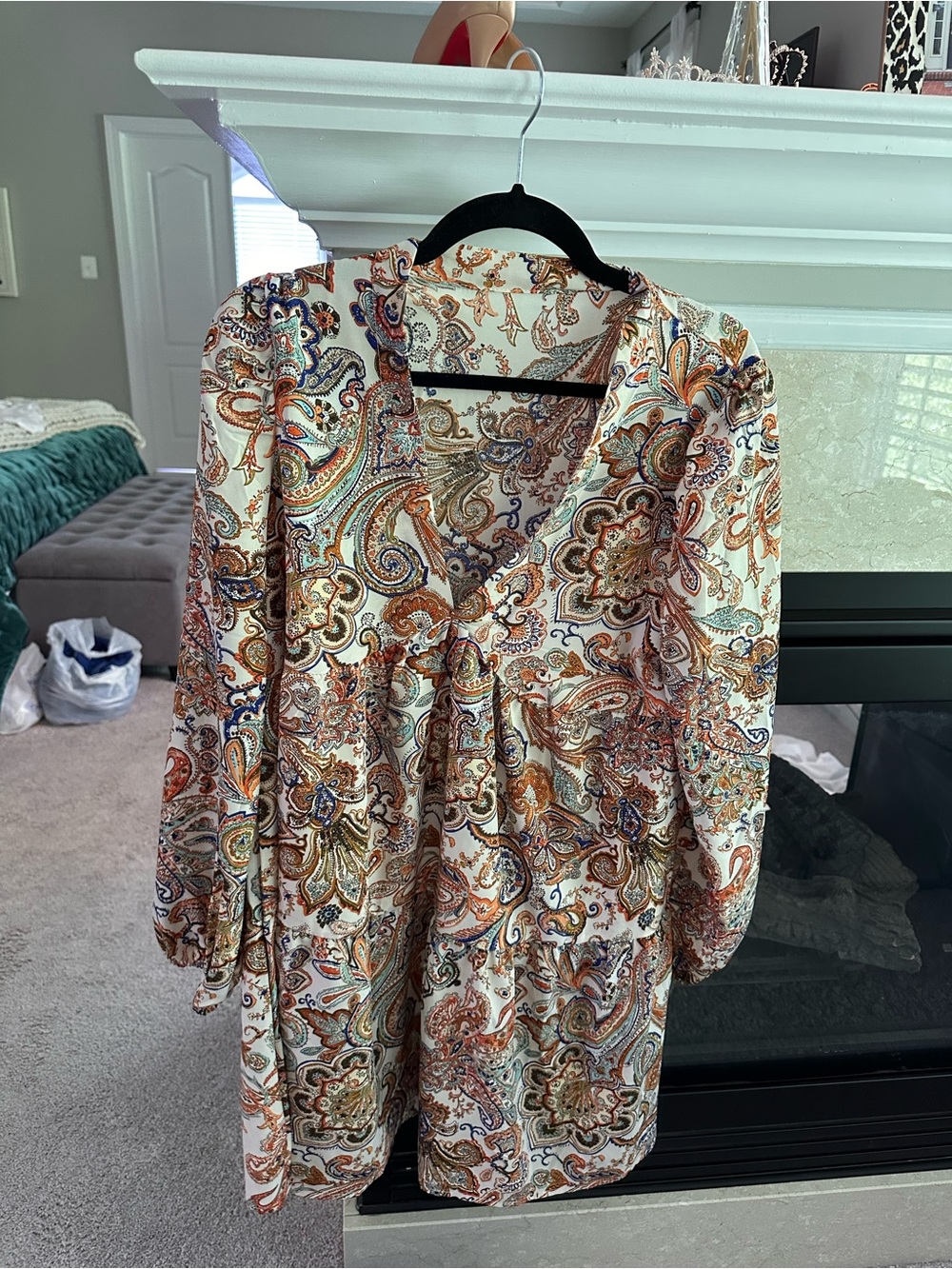 SHEIN White Paisley Print Long Sleeve Dress with Rust and Navy Accents